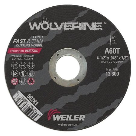 WEILER Weiler 804-56281 4.5 x .045 x 875 in. Wolverine Type 1 Thin Cutting Wheel; A60T 804-56281